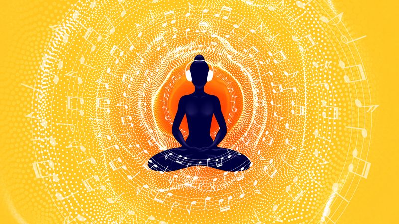 figure sitting cross-legged in a meditation pose wearing headphones, surrounded by concentric circles of wavy lines and musical notes, with colours going from orange in the center to yellow at the edges.