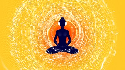 figure sitting cross-legged in a meditation pose wearing headphones, surrounded by concentric circles of wavy lines and musical notes, with colours going from orange in the center to yellow at the edges.