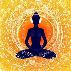 figure sitting cross-legged in a meditation pose wearing headphones, surrounded by concentric circles of wavy lines and musical notes, with colours going from orange in the center to yellow at the edges.