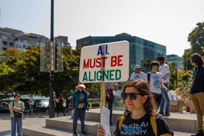 Vancouver, Canada - August 26,2023: A.I. Ethics and Safety Rally in front of Vancouver Art Gallery. A.I. must be aligned