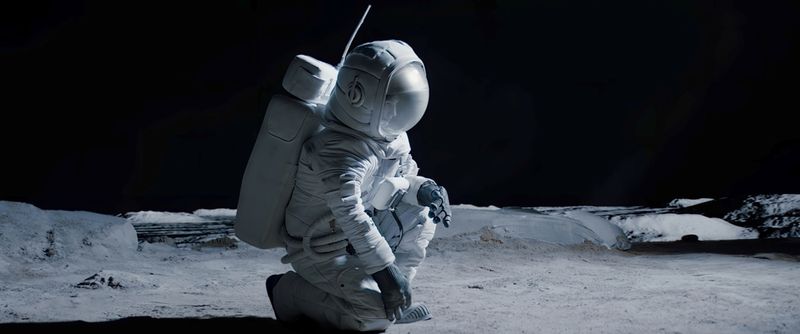 A female astronaut kneeling down on the surface of the Moon.