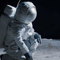 A female astronaut kneeling down on the surface of the Moon.