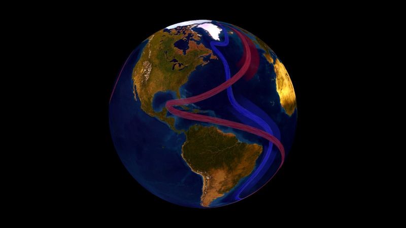 visual render of currents acros the atlantic. From the gulf of mexico hot currents goe to europe and southern african and cold currents go from one pole to the other