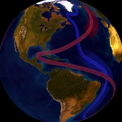 visual render of currents acros the atlantic. From the gulf of mexico hot currents goe to europe and southern african and cold currents go from one pole to the other