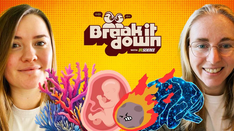 IFLScience Break It Down presenters on either side, in the middle there are illustrations of coral, a baby in the womb, an angry asteroid, and a brain