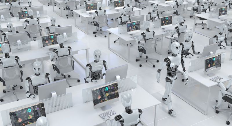 Many identical clone robots work in the office sitting at desks with computers. Future concept without people with smart robotics and artificial intelligence. 3D rendering