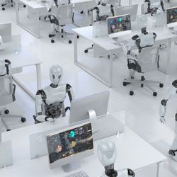 Many identical clone robots work in the office sitting at desks with computers. Future concept without people with smart robotics and artificial intelligence. 3D rendering
