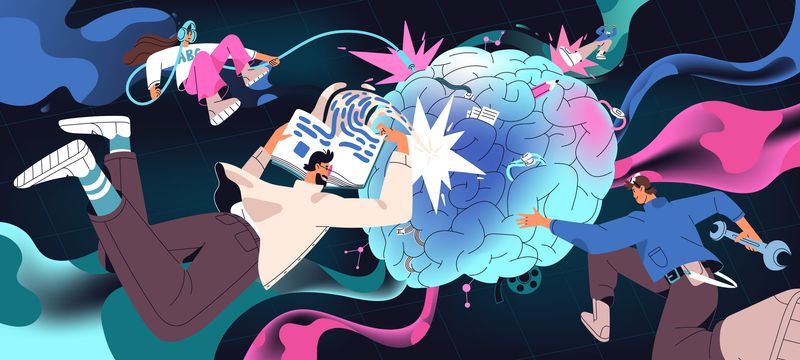 concept art of a human brain with figures floating around it and ribbons of blue, pink and turquoise. One figure is holding a wrench and performing "maintenance", another is reading a book, and the third is wearing headphones