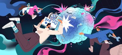 concept art of a human brain with figures floating around it and ribbons of blue, pink and turquoise. One figure is holding a wrench and performing "maintenance", another is reading a book, and the third is wearing headphones