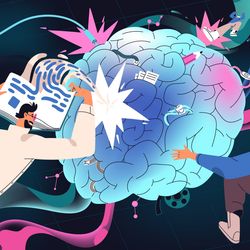 concept art of a human brain with figures floating around it and ribbons of blue, pink and turquoise. One figure is holding a wrench and performing "maintenance", another is reading a book, and the third is wearing headphones