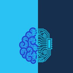 Creative concept of the human brain vs. artificial intelligence, represented through a split design with a brain on the left and a circuit board on the right.