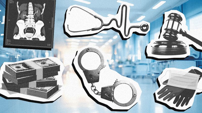 A collage conceptual image showing a an X-ray of a person's abdomen, a stethoscope, a gavel, a pile of dollar bills, some handcuffs, and a pair of rubber gloves holding a medical mask. These items are arranged in two rows of three, one above the other, and they have been set on top of a background image of a hospital ward with a strong blue filter on the lens. 