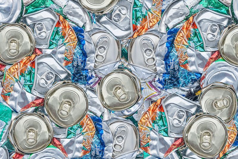 top-down view of multiple crushed beverage cans placed close together