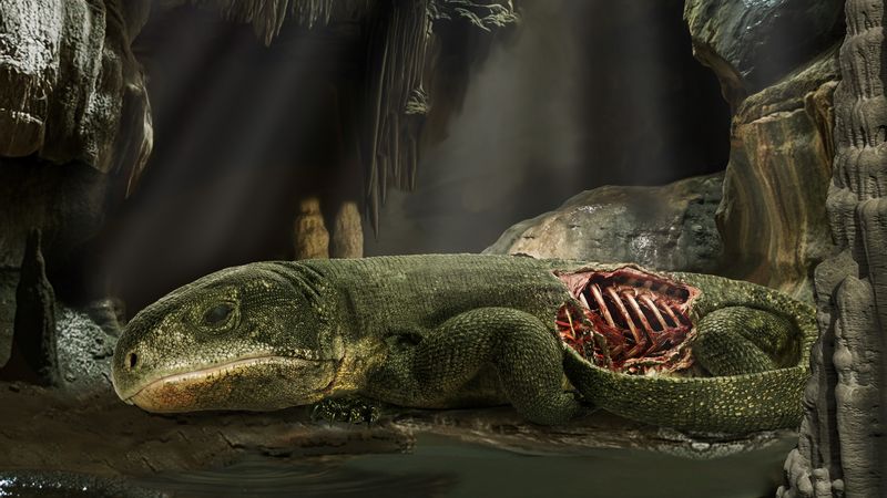 a reptile is seen dead in a cave with a visible injury to its side which reveals a ribcage