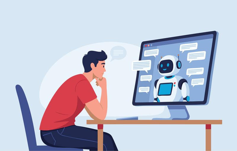 drawing of a man sitting at a computer with a friendly looking robot displayed on the monitor surrounded by speech bubbles