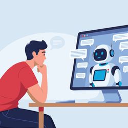 drawing of a man sitting at a computer with a friendly looking robot displayed on the monitor surrounded by speech bubbles