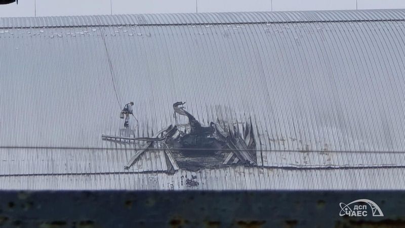 Damage at the Chernobyl New Safe Confinement structure from a drone strike on 14 February 2025. 