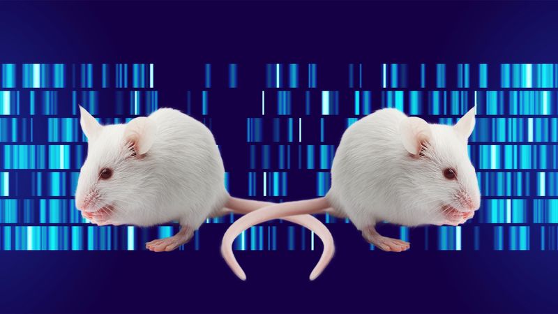 Edited image showing a mouse and its mirror image on a blue background.