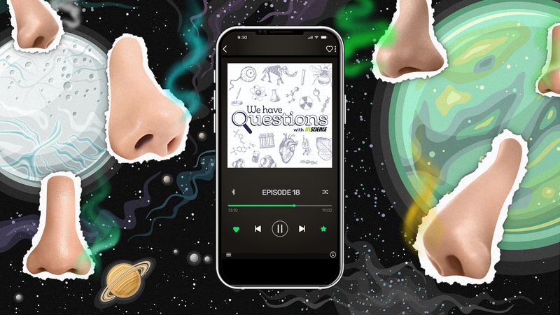 A smartphone showing an episide of IFLScience's We Have Questions podcast about what other worlds in space smell like