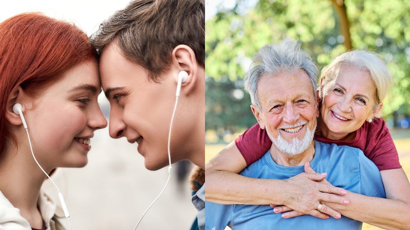 Close up of happy couple of teenagers listening to music using the same pair of earphones, looking at each other with love (left); Smiling active senior couple having fun together in the park (right)