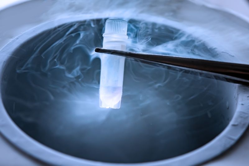 small test tube held in tweezers over a container of dry ice