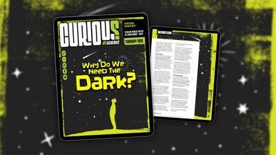 The cover of IFLScience's CURIOUS magazine as shown on an iPad. The background is black with stars and a silhouette looking up at the sky. The cover line in yellow says 'why do we need the dark?'