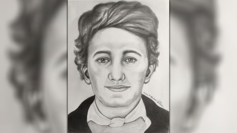 An artistic reconstruction of David Young. The charcoal drawing shows a young man with thick hair and a buoyant fringe. He has soft features and is wearing a white shirt, overcoat, with the top of a cravat just about visible.