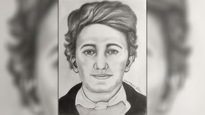 An artistic reconstruction of David Young. The charcoal drawing shows a young man with thick hair and a buoyant fringe. He has soft features and is wearing a white shirt, overcoat, with the top of a cravat just about visible.