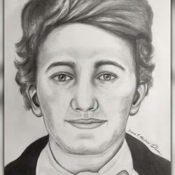 An artistic reconstruction of David Young. The charcoal drawing shows a young man with thick hair and a buoyant fringe. He has soft features and is wearing a white shirt, overcoat, with the top of a cravat just about visible.
