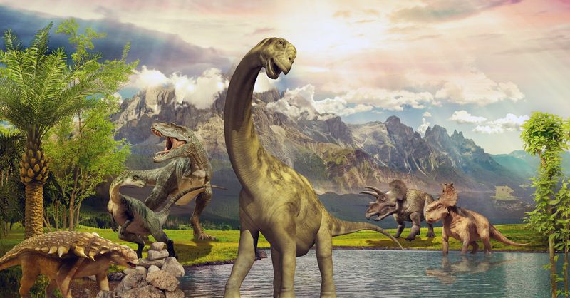 paleoart of several different dinosaurs at a watering hole