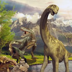 paleoart of several different dinosaurs at a watering hole
