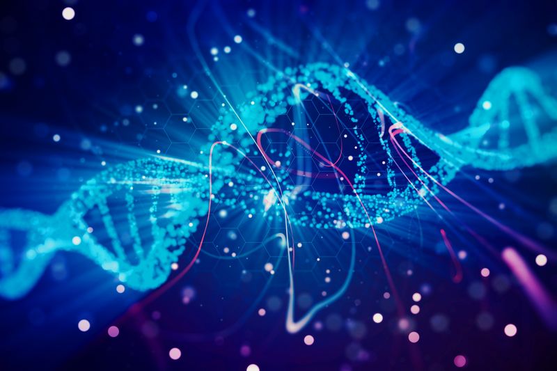 Glowing DNA symbol on abstract blue background, closeup.