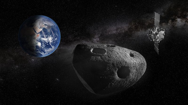 Earth is visible in the background, a large rock Apophis is in the middle, and a spacecraft with solar panel splayed out is on the right.