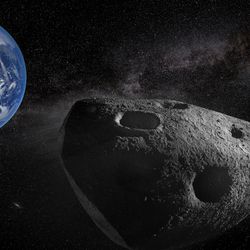 Earth is visible in the background, a large rock Apophis is in the middle, and a spacecraft with solar panel splayed out is on the right.