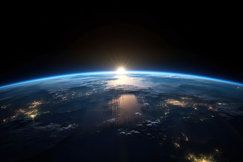 A partial photo of the planet taken from space. It shows the sun just peaking over the horizon of the Earth which is framed in the lower half of the image. 