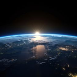 A partial photo of the planet taken from space. It shows the sun just peaking over the horizon of the Earth which is framed in the lower half of the image. 