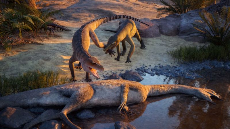 Artists depiction of Eosphorosuchus lacrimosa and Hesperosuchus agilis approaching a dead dinosaur at the side of a river.