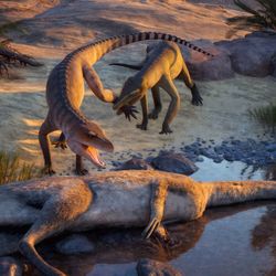 Artists depiction of Eosphorosuchus lacrimosa and Hesperosuchus agilis approaching a dead dinosaur at the side of a river.