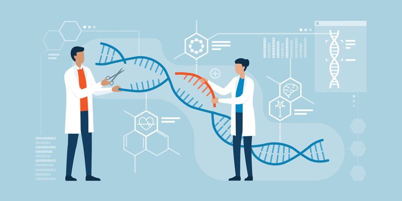 illustration of two scientists cutting and adding in new bits of DNA to represent gene editing and gene therapy