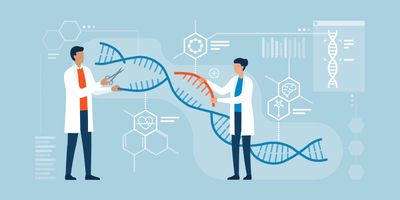 illustration of two scientists cutting and adding in new bits of DNA to represent gene editing and gene therapy