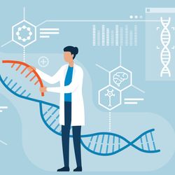 illustration of two scientists cutting and adding in new bits of DNA to represent gene editing and gene therapy