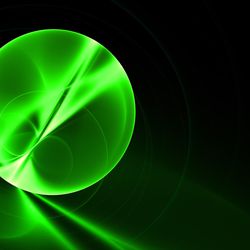 A glowing green orb represneing some particle interaction, with light reflecting in and out of it
