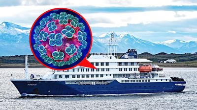 cruise ship m/v Hondius off the coast of Ushuaia, Argentina; a circular cutout shows an illustration of a hantavirus particle