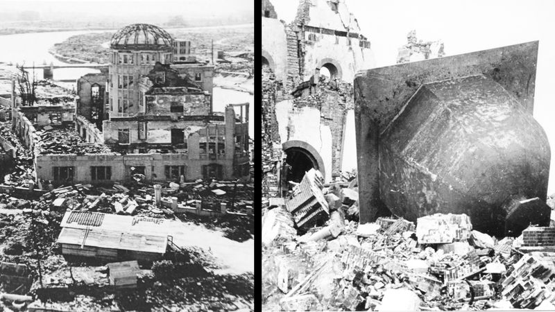 Two photos set next to one another. On the left is the skeletal remains of what was once a multi-storied building. There is a dome in its center which has been stripped to its frame while the surrounding walls are the only other things left standing. There is rubble all around the building and a river visible in the background. In the right hand photo, a large metal bell stands on its side, surrounded by rubble. A large broken church wall is visible behind it. 