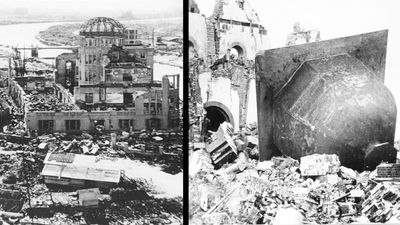 Two photos set next to one another. On the left is the skeletal remains of what was once a multi-storied building. There is a dome in its center which has been stripped to its frame while the surrounding walls are the only other things left standing. There is rubble all around the building and a river visible in the background. In the right hand photo, a large metal bell stands on its side, surrounded by rubble. A large broken church wall is visible behind it. 