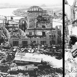 Two photos set next to one another. On the left is the skeletal remains of what was once a multi-storied building. There is a dome in its center which has been stripped to its frame while the surrounding walls are the only other things left standing. There is rubble all around the building and a river visible in the background. In the right hand photo, a large metal bell stands on its side, surrounded by rubble. A large broken church wall is visible behind it. 