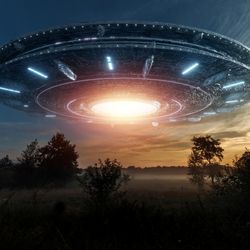 An image showing a digitally created UFO looming over some trees on what looks like a misty morning. The UFO looks like two large discs put together - like and Oreo - and it has a large bright light in the center of its underside. 