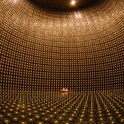 The vast interior of the super kamiokande detector, whose walls are lined with gold photomultiplier tubes.