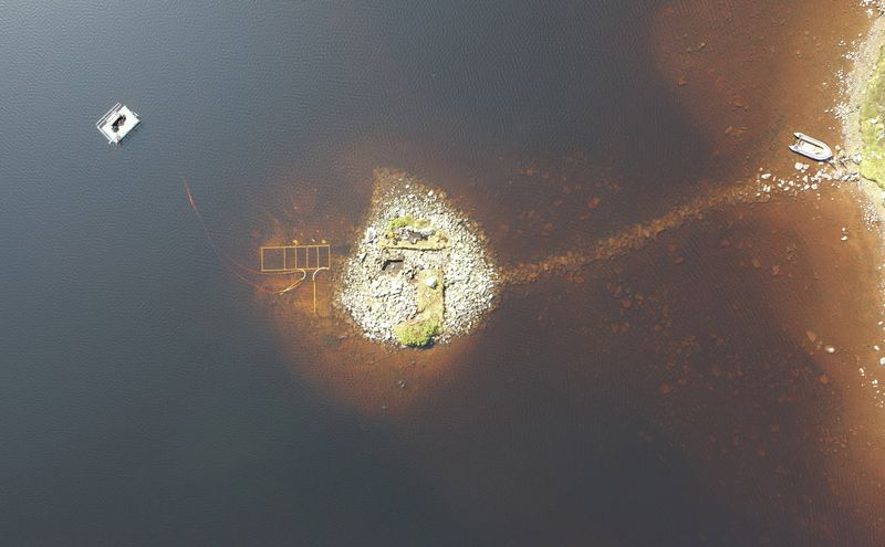 An aerial photo looking down on the small island in the loch. The shot has the near circular island in its center. A small portion of it is above the water, but its larger area is visible in the murky brown waters. A stone causeway can also be seen under the water connecting it to the land to the right of the image.  