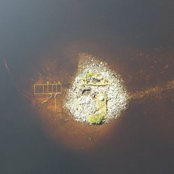 An aerial photo looking down on the small island in the loch. The shot has the near circular island in its center. A small portion of it is above the water, but its larger area is visible in the murky brown waters. A stone causeway can also be seen under the water connecting it to the land to the right of the image.  